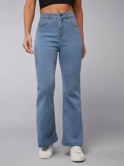 DOLCE CRUDO - Women'S Light Blue Bootcut High Rise Clean Look Stretchable Denim Jeans