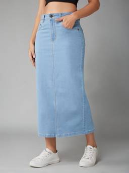 DOLCE CRUDO - Women'S Light Blue Straight High Rise Midi Stretchable Denim Denim Skirt