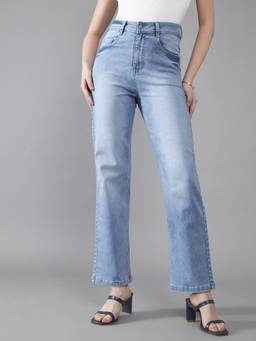 DOLCE CRUDO - Women Light Blue Wideleg Fit High Rise Clean Look Stretchable Denim Jeans