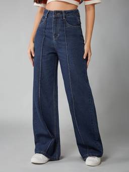 DOLCE CRUDO - Women Navy Blue Wide-Leg High-Rise Clean-Look Regular-Length Denim Jeans