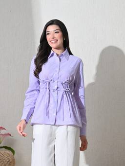 Ikonic Klaer - Lavender Cotton Cutaway Collar Long Sleeves Roll-Up Sleeves Striped Shirts