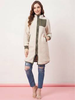 JAKANARY - Beige Front Patch Detail Faux Fur Long Jacket