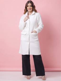 JAKANARY - White Solid Faux Fur Long Jacket