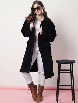 JAKANARY - Black Solid Faux Fur Long Jacket