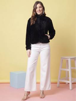 JAKANARY - Black Solid Faux Fur Jacket