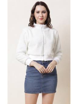JAKANARY - White High Neck Crop Faux Fur Jacket