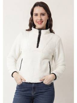JAKANARY - White Contrast Piping Detail Solid Faux Fur Jacket