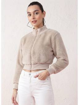 JAKANARY - Beige High Neck Crop Faux Fur Jacket