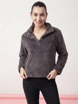 JAKANARY - Brown Solid Faux Fur Jacket With Stand Collar