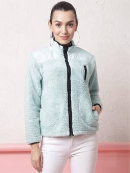 JAKANARY - Aqua Contrast Piping Detail Solid Faux Fur Jacket