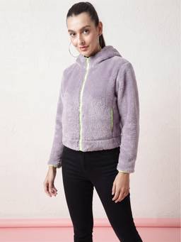 JAKANARY - Lavender Hoodie Crop Faux Fur Jacket