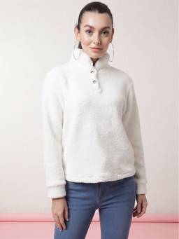 JAKANARY - White Button Detail Solid Faux Fur Jacket