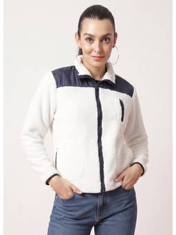 JAKANARY - Contrast Yoke Patch Detail White Faux Fur Jacket