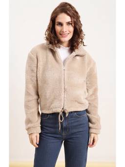JAKANARY - Beige Solid Faux Fur Jacket