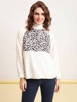 JAKANARY - Animal Print Yoke Patch Detail White Faux Fur Jacket