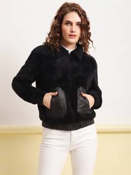 JAKANARY - Front Patch Pocket Solid Faux Fur Black Jacket