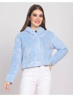 JAKANARY - Light Blue Front Button Details Hoodie Faux Fur Jacket