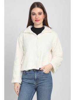 JAKANARY - White Collared Button Detail Faux Fur Jacket