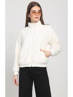 JAKANARY - Neck Rib Detail White Faux Fur Jacket