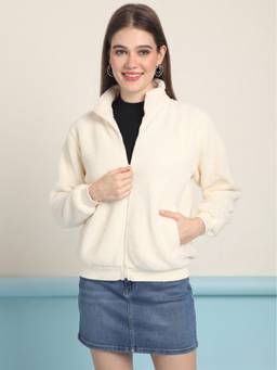 JAKANARY - High Collared White Faux Fur Jacket