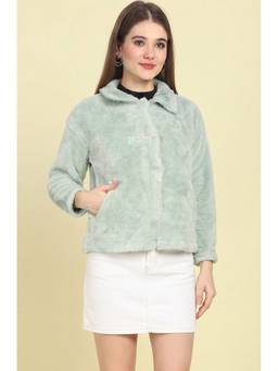 JAKANARY - Light Green Collared Button Detail Faux Fur Jacket