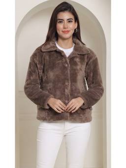 JAKANARY - Charcoal Front Button Details Collared Faux Fur Jacket