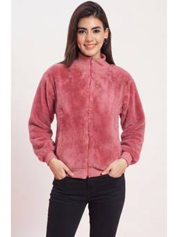 JAKANARY - Onion Pink Rib Collared Double Side Fur Jacket