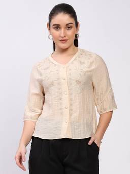 Global Republic - Polycotton Embroidered V-Neck Beige Shirt
