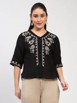 Global Republic - Polycotton Embroidered V-Neck Black Shirt