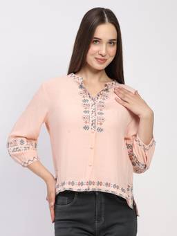 Global Republic - Rayon Embroidered Mandarin Neck Peach Shirt