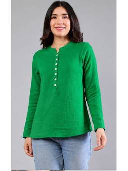 PEPPINOS - Women Green Solid Cotton Mandarin Collar Kurti Style Top