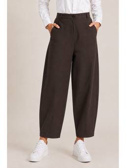 Zuri - Brown High-Rise Barrel Office Trousers