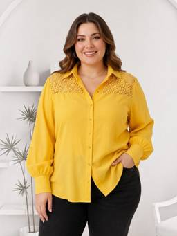 Oxolloxo - Women Plus Size Yellow Collared Long Sleeve Lace Detail Poly Seasucker Shirt
