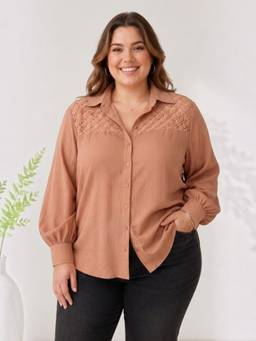 Oxolloxo - Women Plus Size Beige Collared Long Sleeve Lace Detail Poly Seasucker Shirt