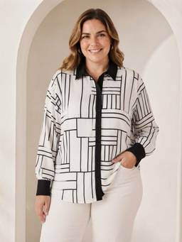 Oxolloxo - Women Plus Size White Abstract Geometric Print Long Sleeve Contrast Collar Shirt