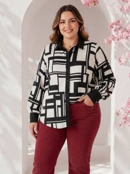 Oxolloxo - Women Plus Size White Abstract Geometric Print Long Sleeve Contrast Collar Shirt