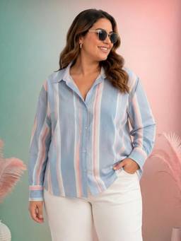 Oxolloxo - Women Plus Size Blue Pinstriped Collared Cotton Dobby Full-Sleeve Shirt
