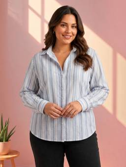 Oxolloxo - Women Plus Size Blue Pinstriped Collared Cotton Dobby Full-Sleeve Shirt