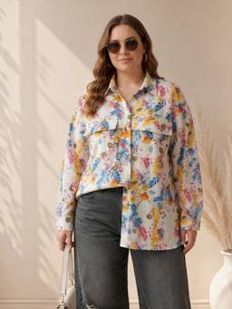 Oxolloxo - Women Plus Size Multicolor Floral Print Long Sleeve Shirt