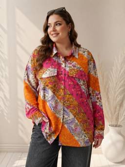 Oxolloxo - Women Plus Size Multicolor Floral Print Long Sleeve Shirt