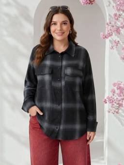 Oxolloxo - Women Plus Size Black Check Print Long Sleeve Shirt