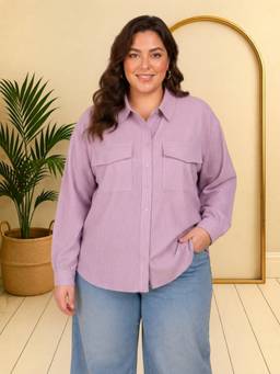 Oxolloxo - Women Plus Size Pink Solid Long Sleeve Cotton Shirt