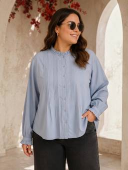 Oxolloxo - Women Plus Size Blue Solid Front Pintuck Pleated Ruffle-Neck Long Bishop Sleeve Shirt