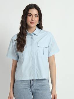CHARMGAL - Spread Collar Classic Boxy Casual Cotton Blue Shirt