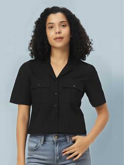 CHARMGAL - Classic Slim Fit Cotton Spread Collar Curved Casual Black Shirt