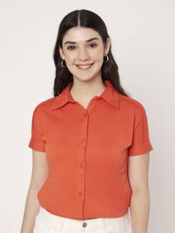CHARMGAL - Women Classic Fit Solid Spread Collar Cotton Casual Orange Shirt