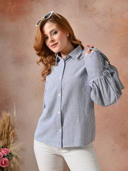 CHARMGAL - Women Classic Striped Casual Blue Shirt