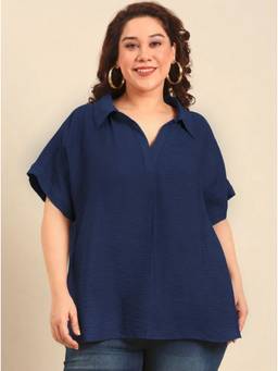 THE PINK MOON - Navy Blue Drop-Shoulder Collar Top