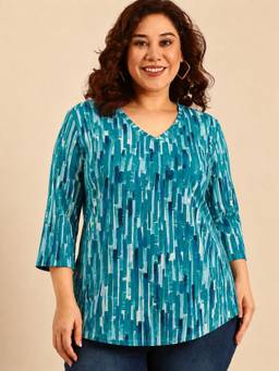 THE PINK MOON - Abstract Print V-Neck Teal T-Shirt