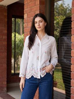 ZUMMER - Cotton Floral Embroidered Off White Shirt